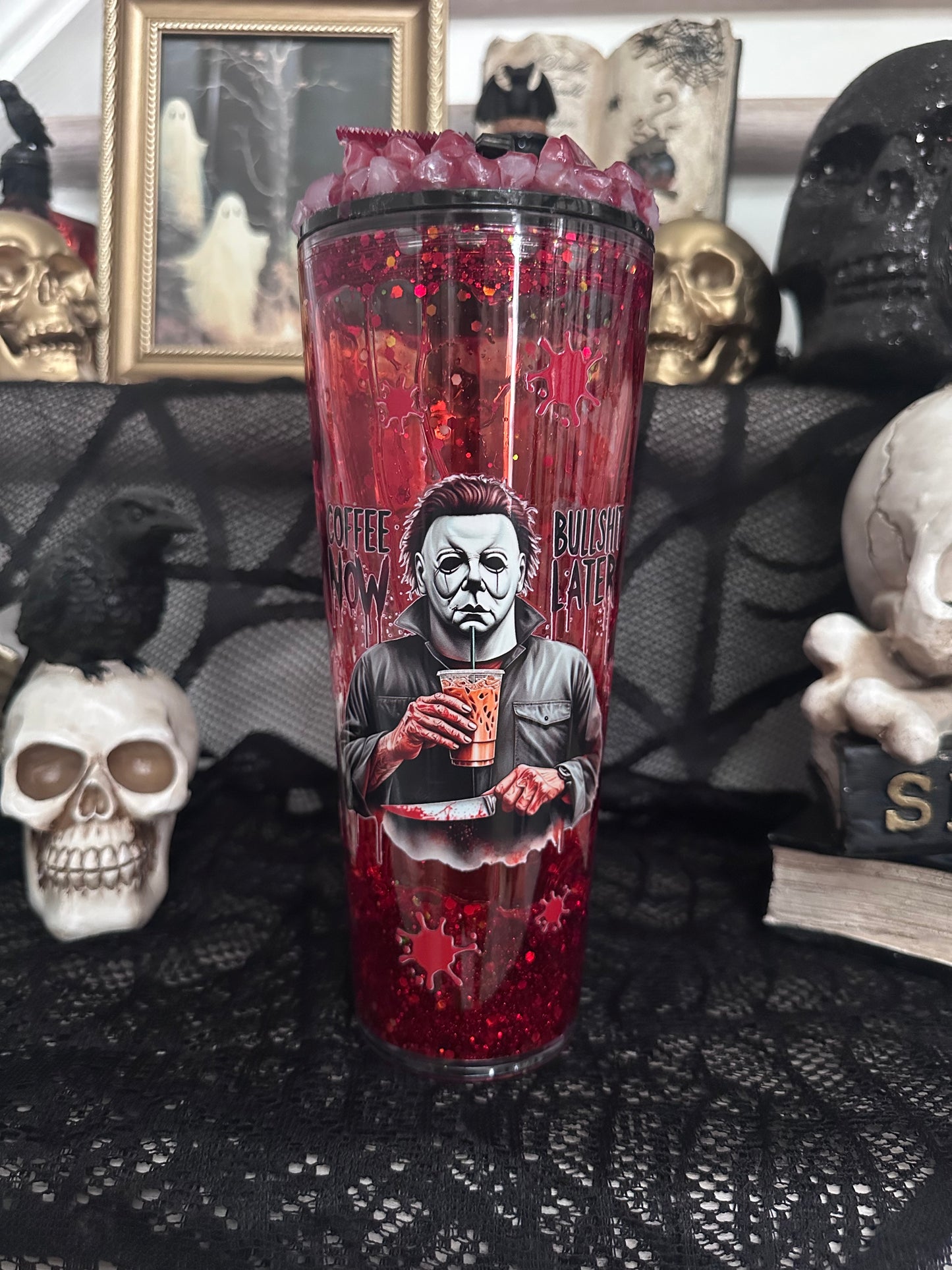 Coffee Now Bullshit Later Blood Drip Horror 24oz Tumbler Cup